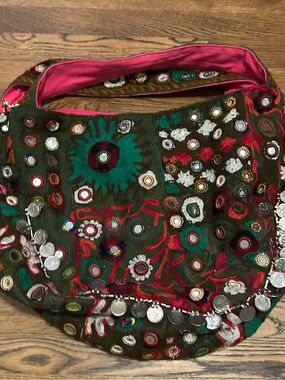 Tylie Malibu Bohemian Embroidered Green Hobo Bag with Mirror Accents